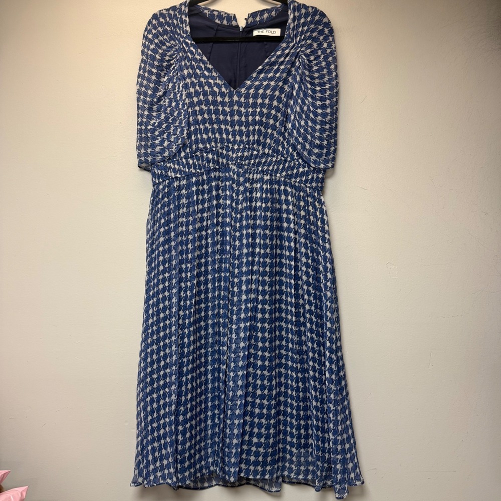 The Fold Dress Womens 10 Blue Houndstooth Silk Pleated Midi Excellent V-Neck